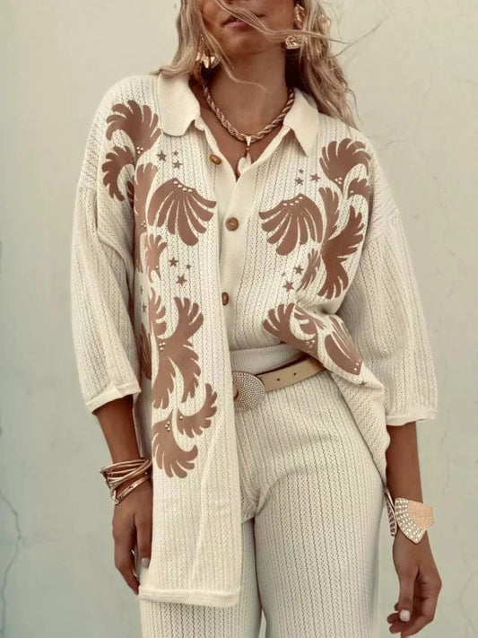 Cotton Embroidered Cardigan and Loose Trousers Set