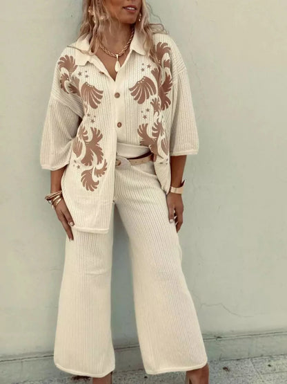 Cotton Embroidered Cardigan and Loose Trousers Set