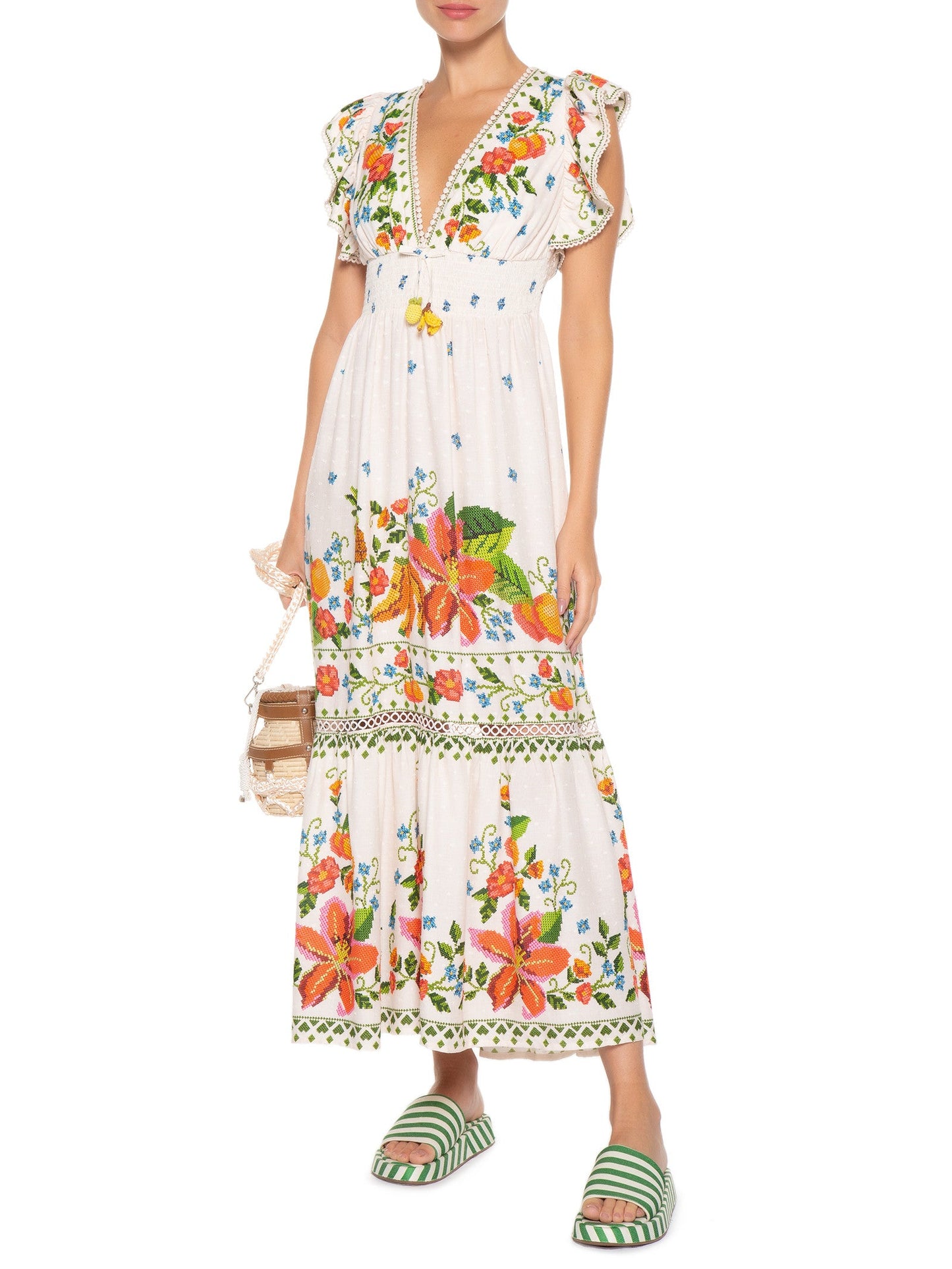 Off-white v-neck floral dress