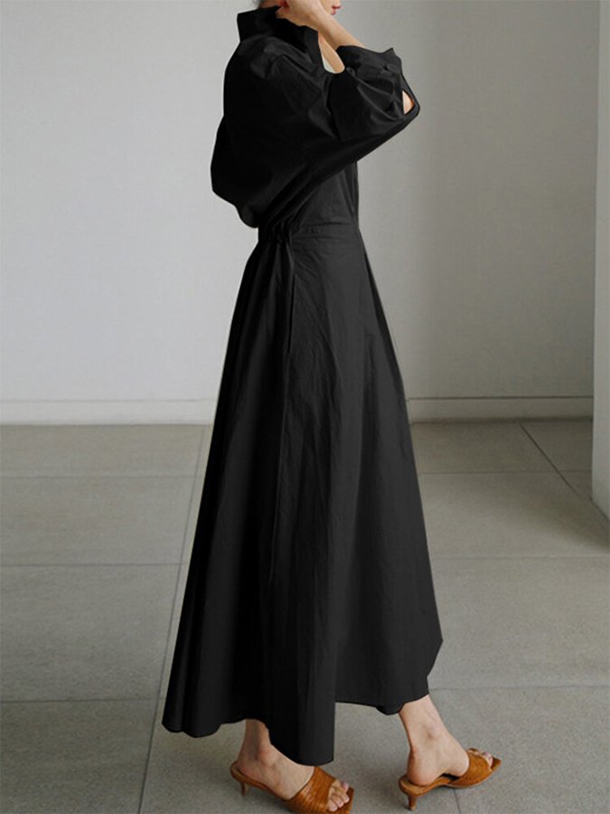 Black Fold Over Collar Side Pocket Maxi Dress