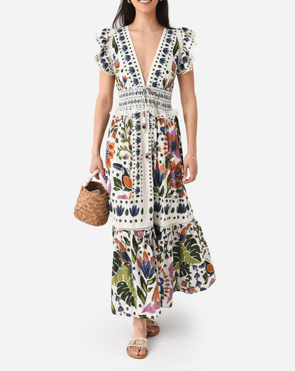 Printed V-neck Lace Dress