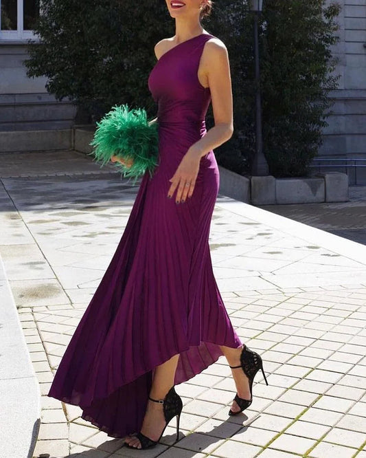 ONE SHOULDER PLEATED SOLID DRESS