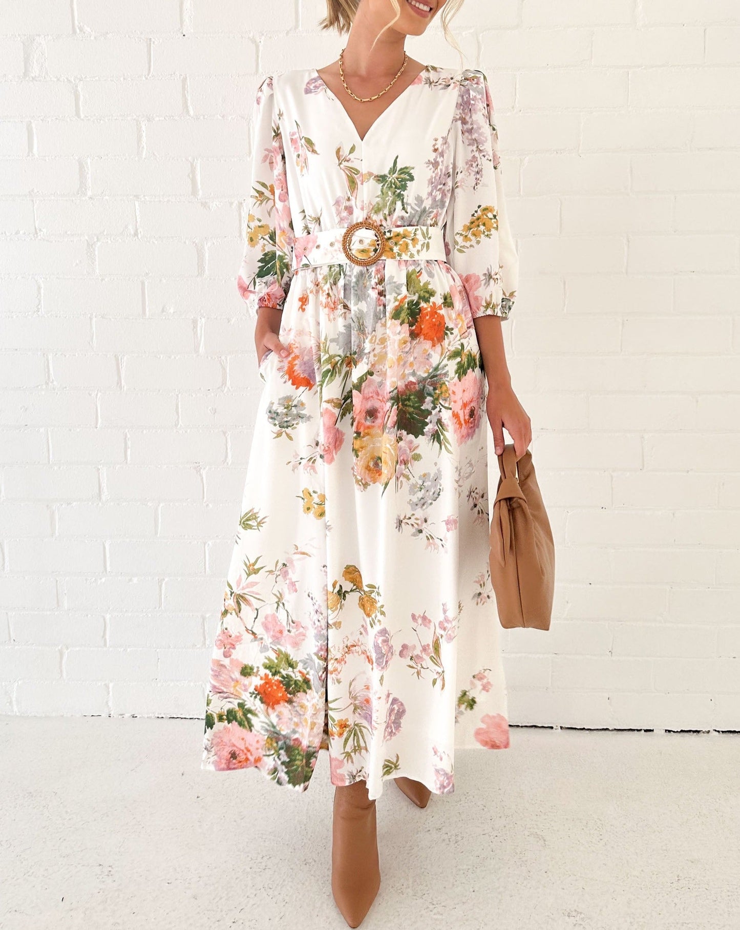 White Floral Midi Dress