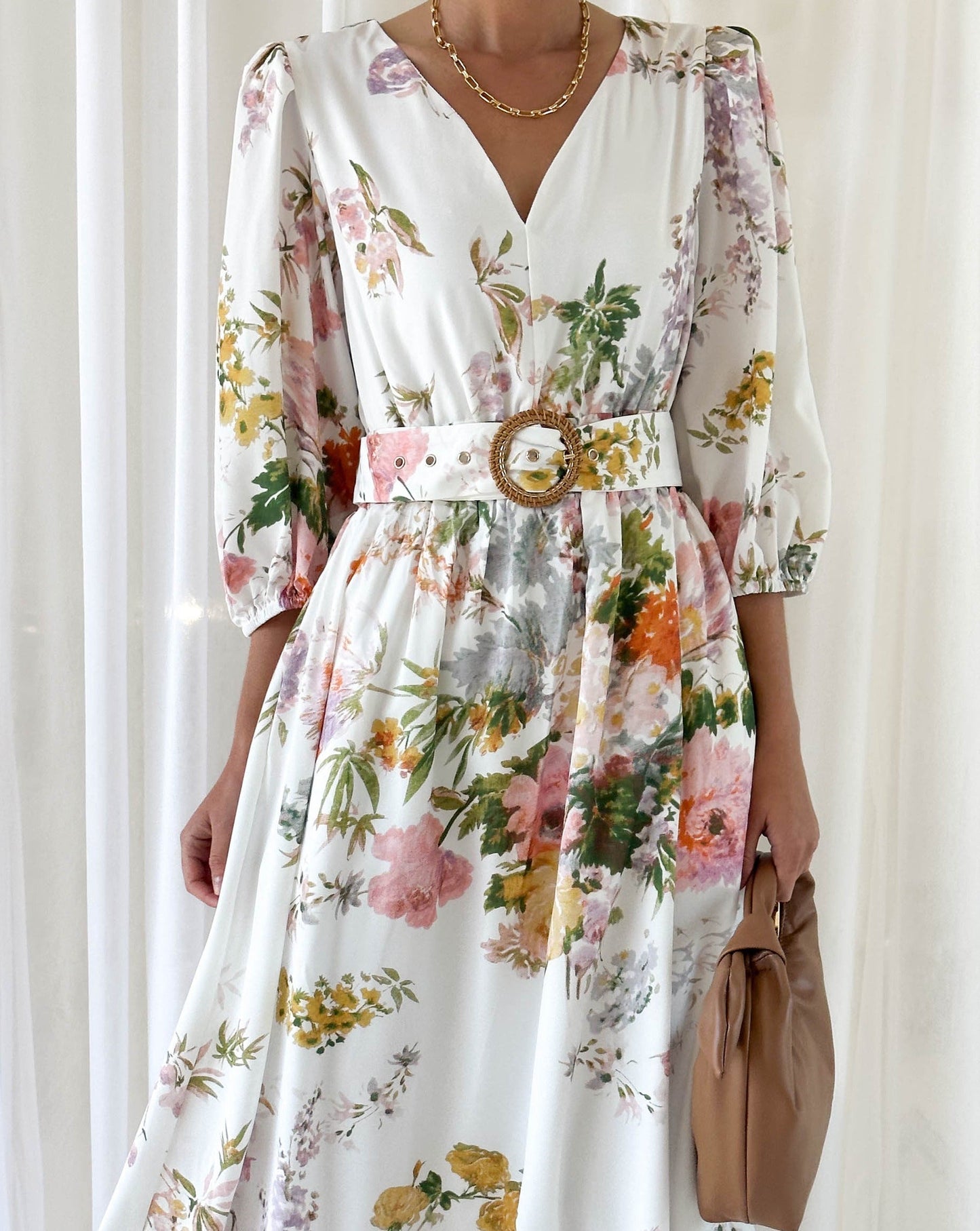 White Floral Midi Dress