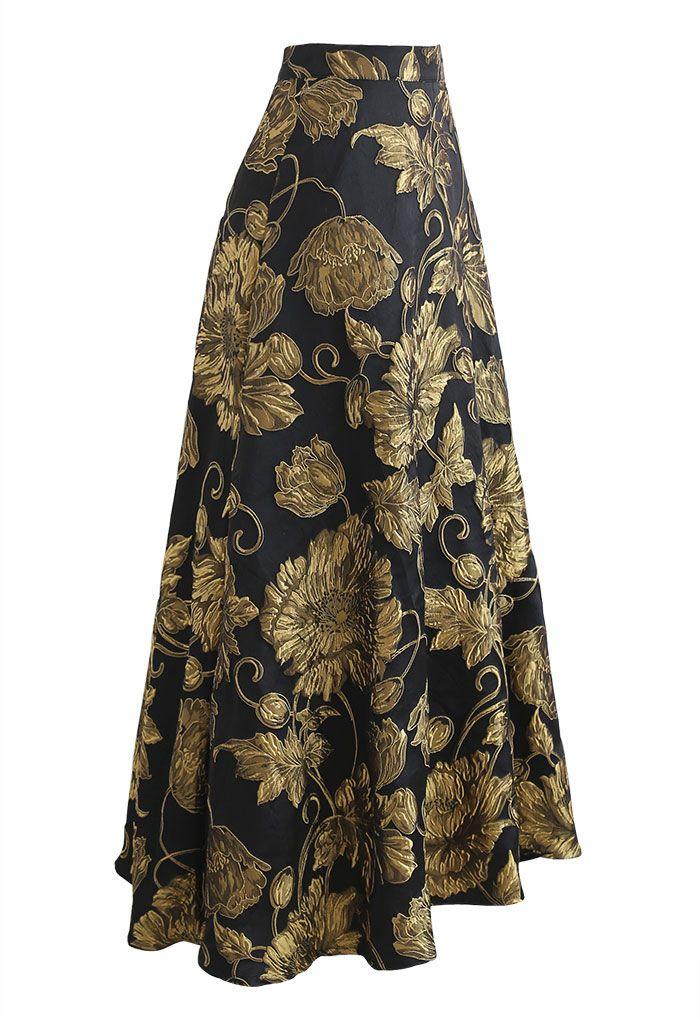 GOLDEN BOUQUET JACQUARD EMBOSSED MAXI SKIRT