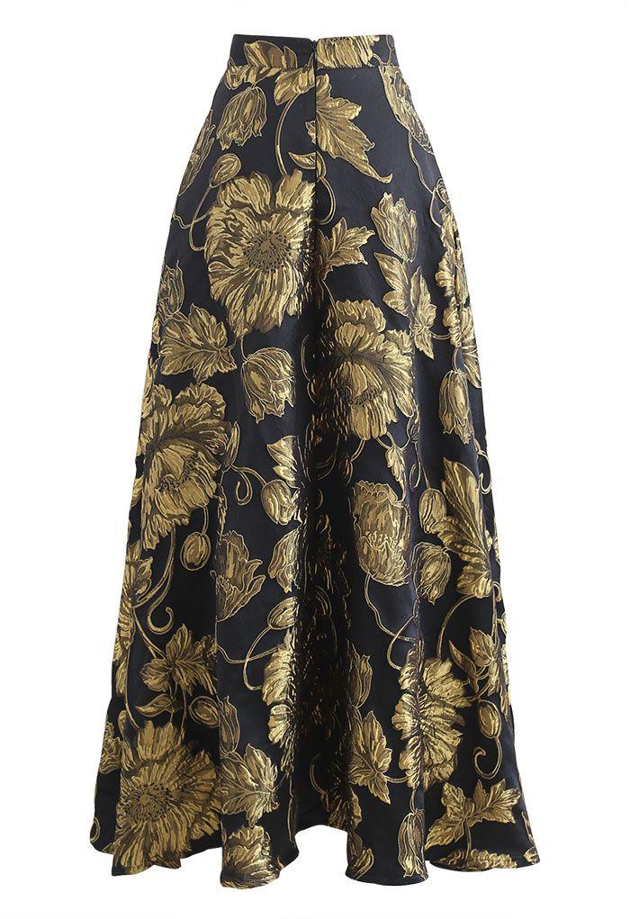 GOLDEN BOUQUET JACQUARD EMBOSSED MAXI SKIRT