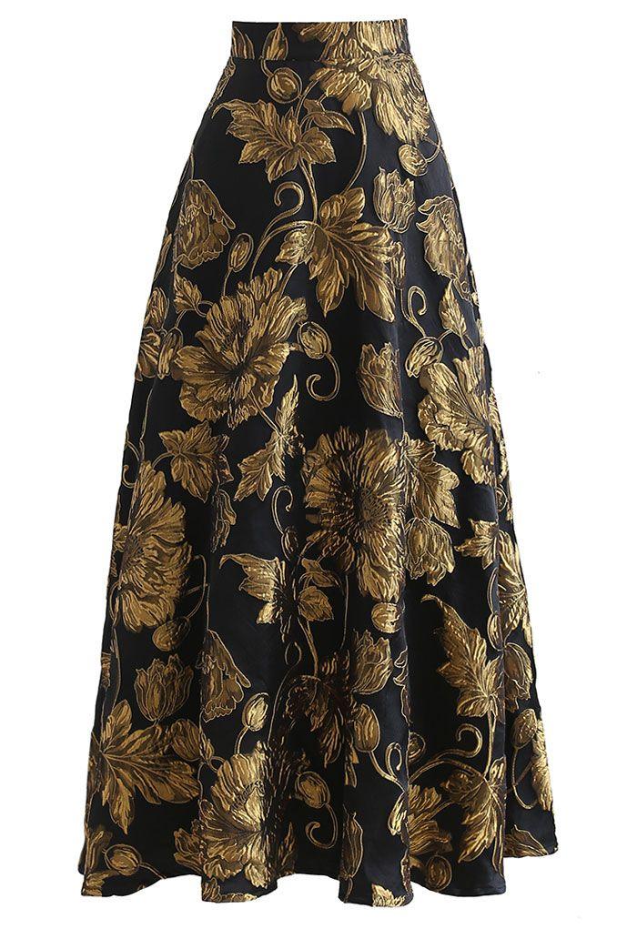 GOLDEN BOUQUET JACQUARD EMBOSSED MAXI SKIRT