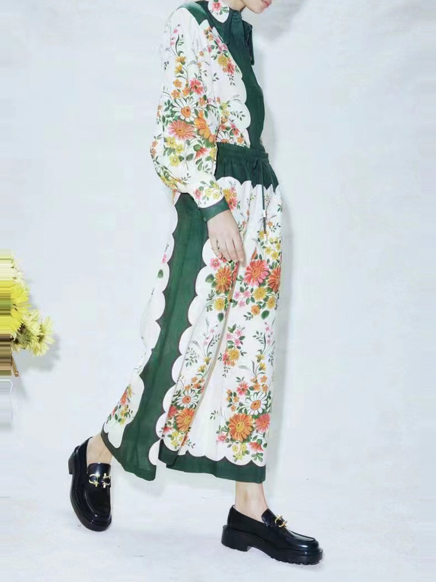 Floral Print Turtleneck Puff Sleeve Suit