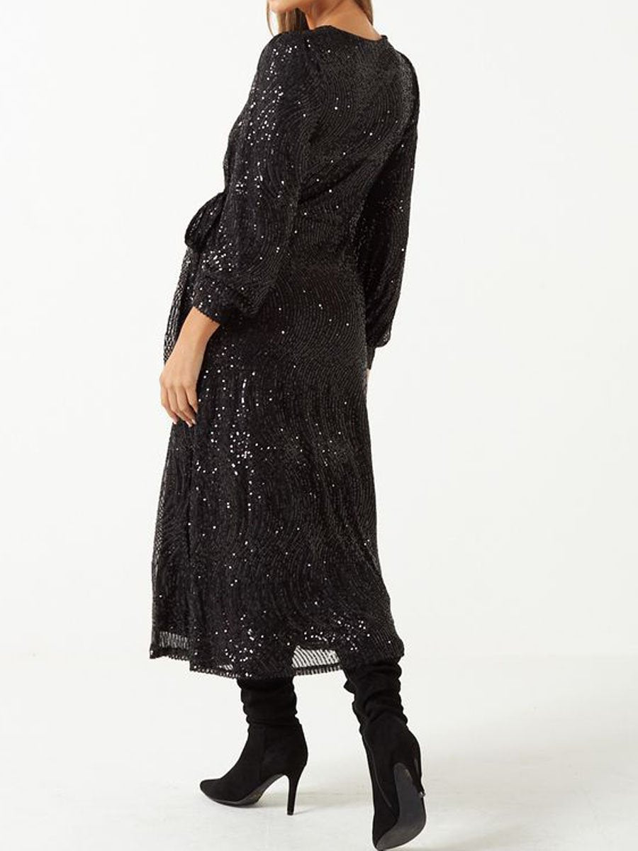 V Neck Lace Up Wrap Sequin Midi Dress