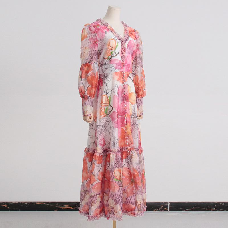 Vintage print V-neck lantern sleeve dress