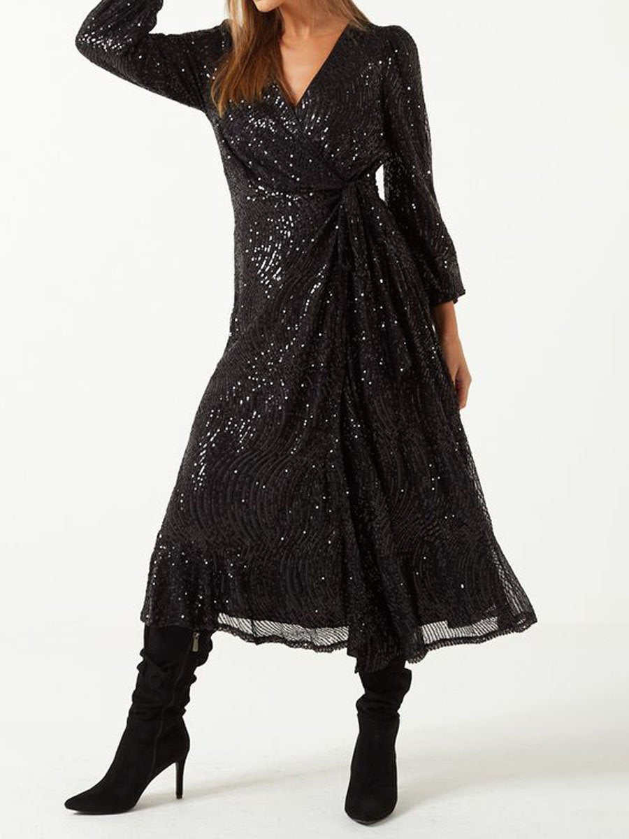 V Neck Lace Up Wrap Sequin Midi Dress