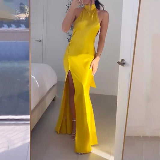 ELEGANT ONE SHOULDER SOLID COLOR SLIT DRESS