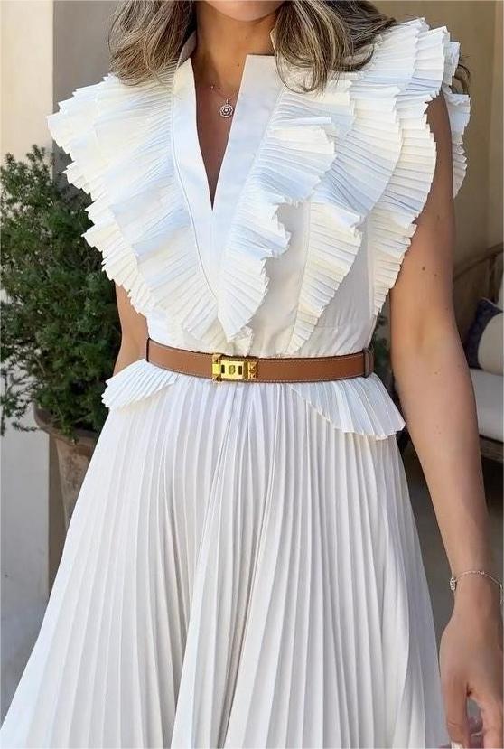 Pleated V-neck Dress