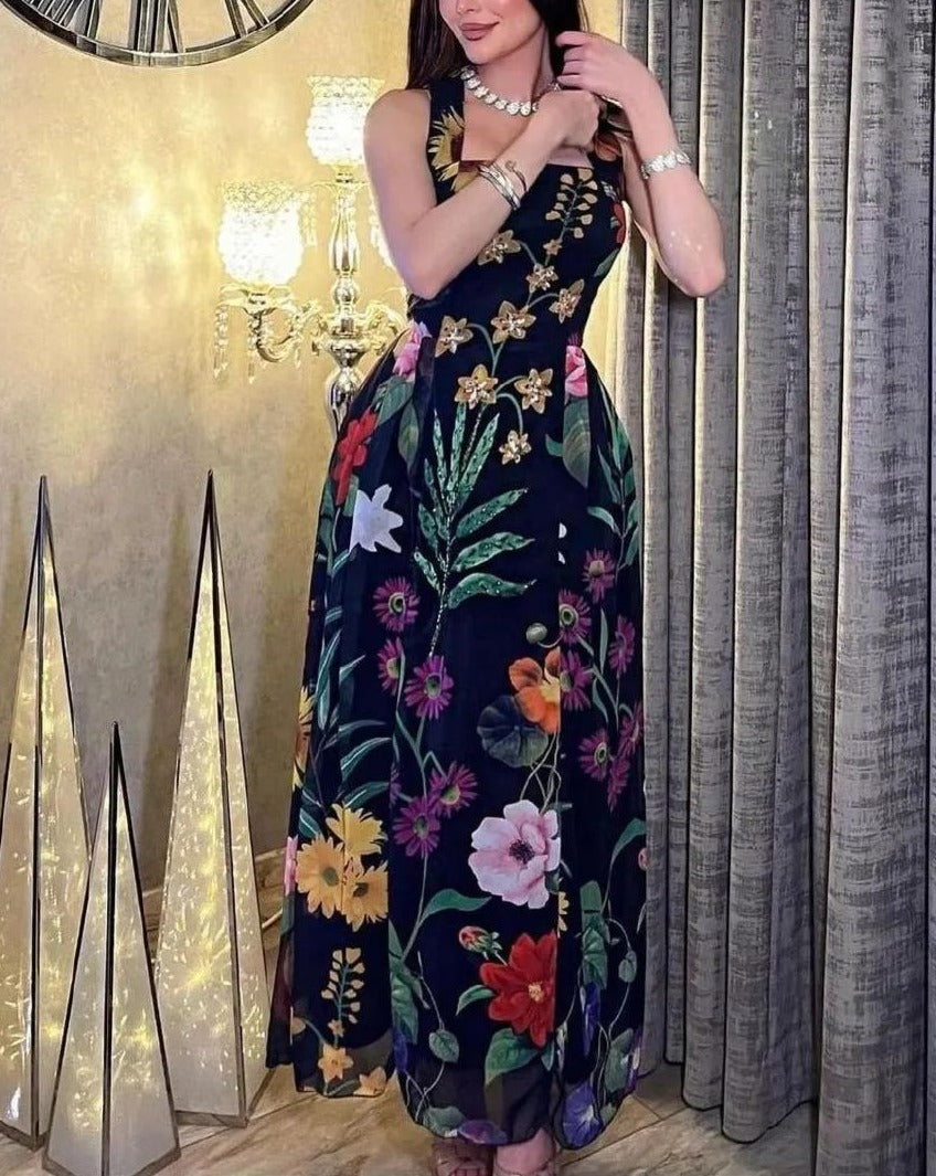 Black Floral Print Sleeveless Dress