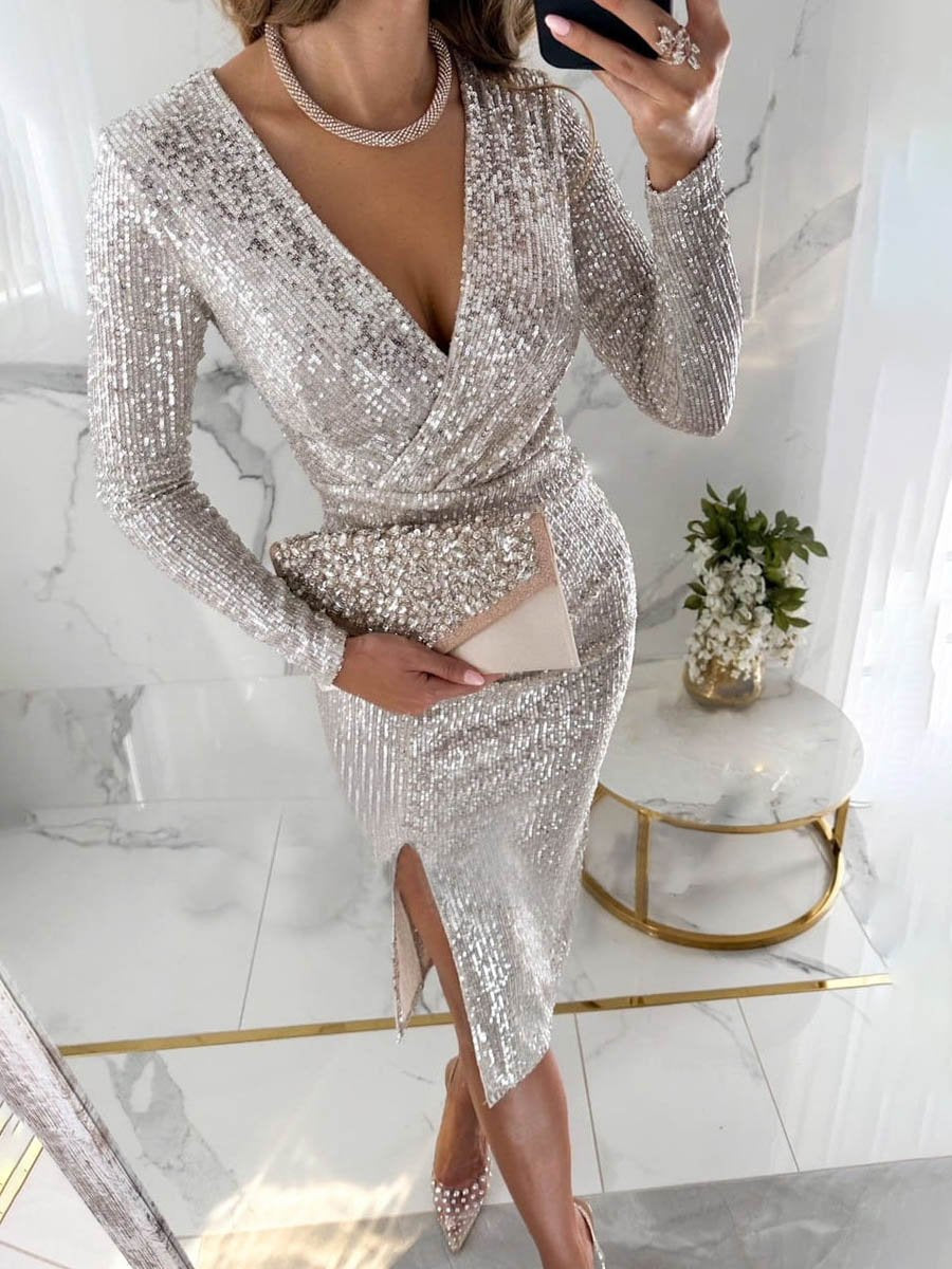 Deep V Neck Sequined Split Dress