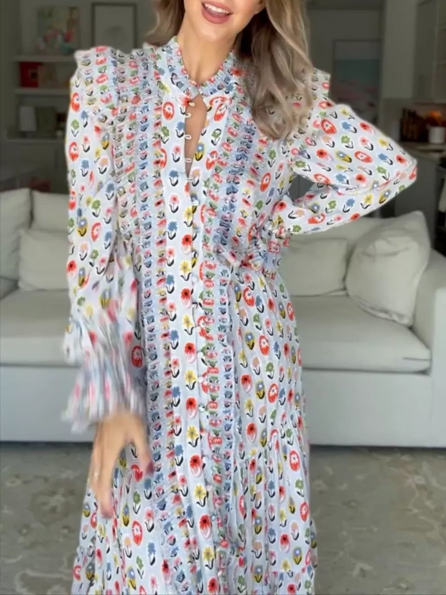 Printed Ruffe Button Up Long Sleeve Dress