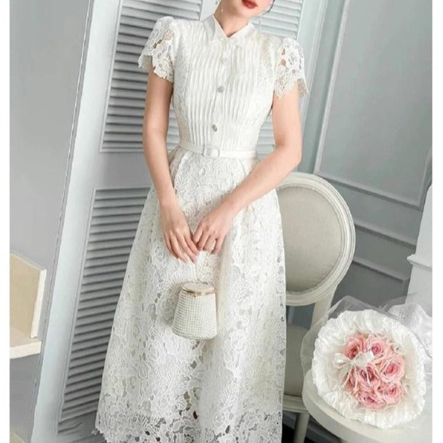 Hollow white lace long dress