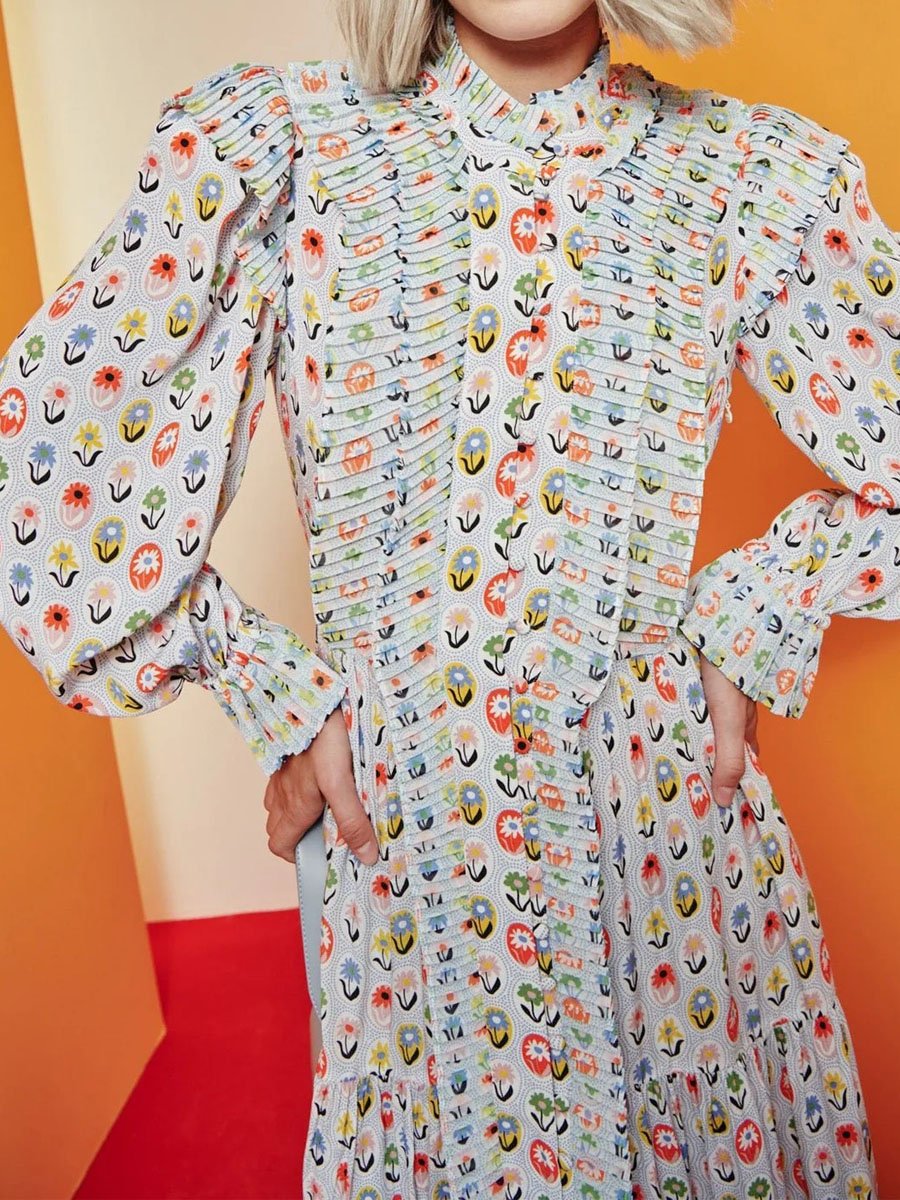 Printed Ruffe Button Up Long Sleeve Dress