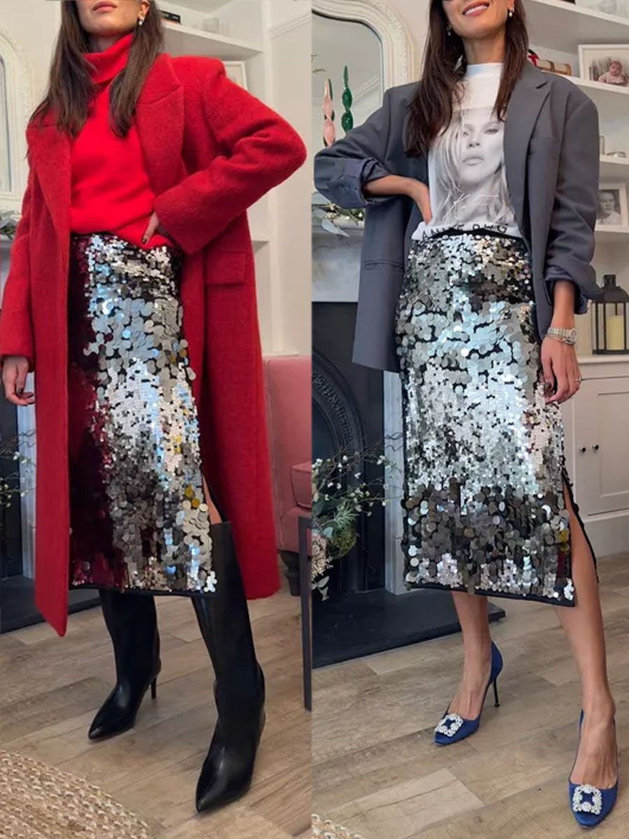 Elegant Split Sequin Skirt