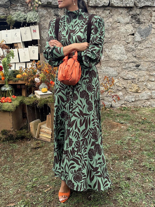 Printed Patchwork Long Sleeve Maxi Dress