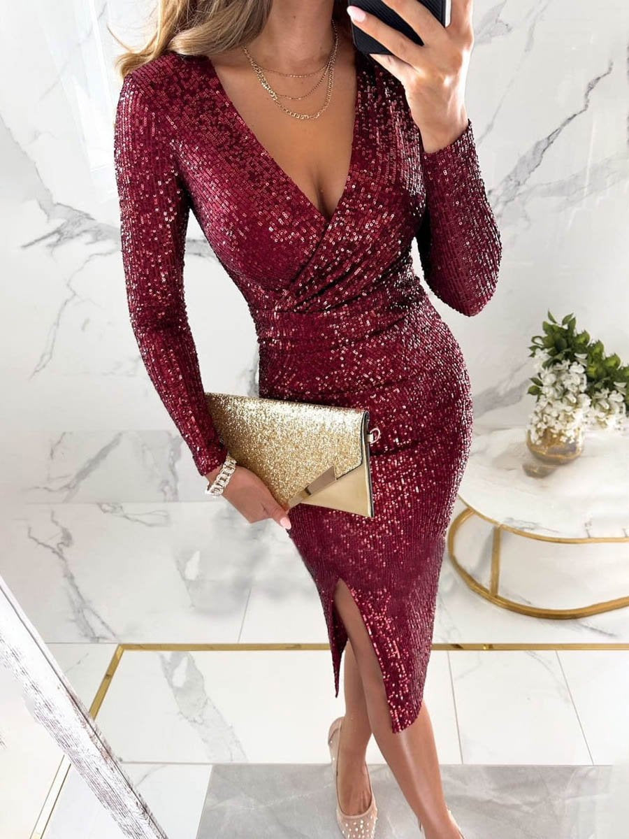 Deep V Neck Sequined Split Dress