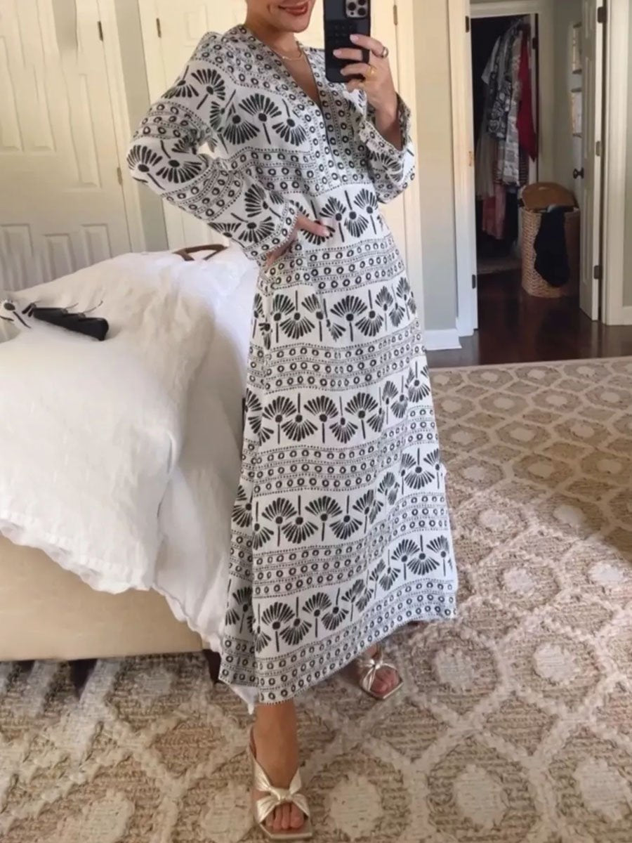 V Neck Long Sleeve Printed Dress