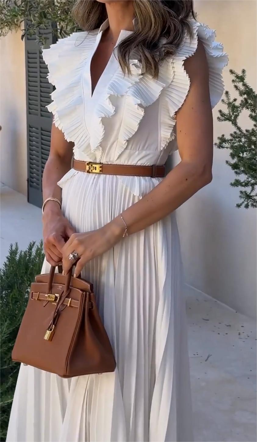 Pleated V-neck Dress