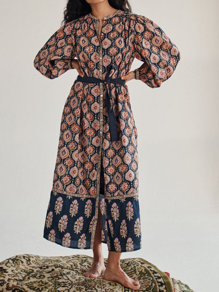 Elegant Balloon Sleeve Belt Contrasting Print Dress