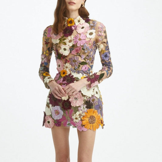 Three-dimensional flower wrap hip sexy dress