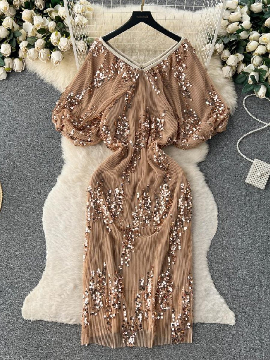 Bubble-Sleeve Sequin Dress