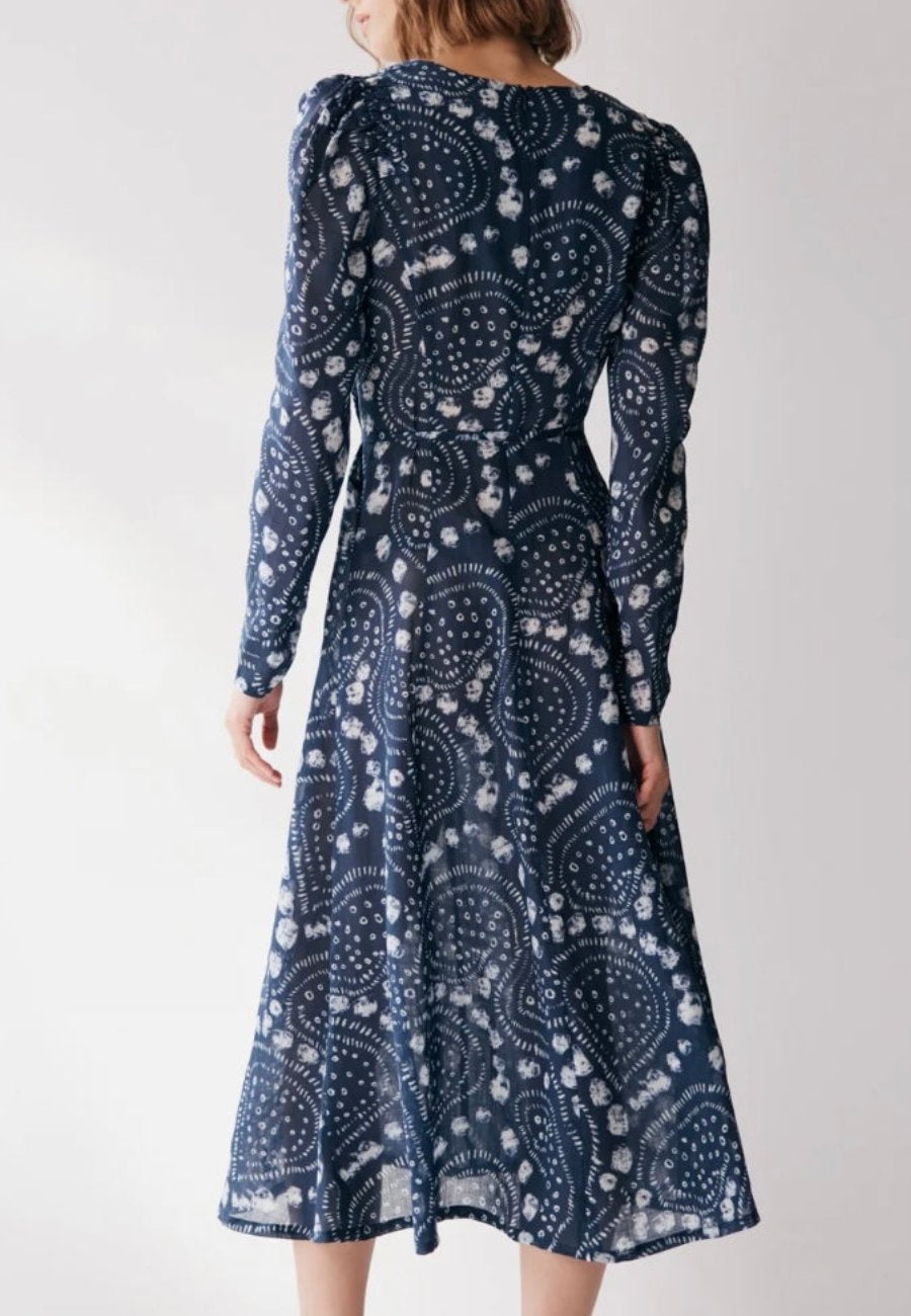 Navy V-neckline Printed Midi Dress