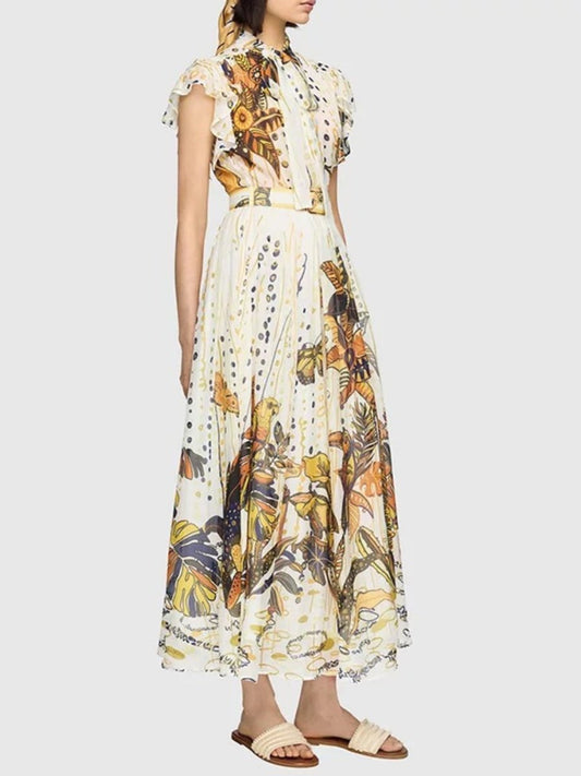 Flower And Bird Print Elegant Maxi Dress