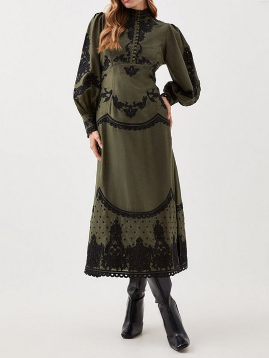 Fall Olive Printed Lace Maxi Dress