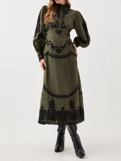 Fall Olive Printed Lace Maxi Dress