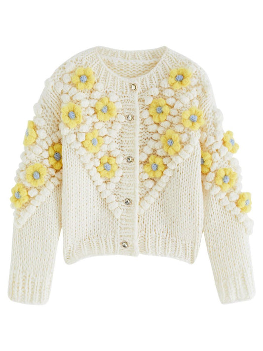 YELLOW STITCH FLOWER POM-POM KNIT CARDIGAN