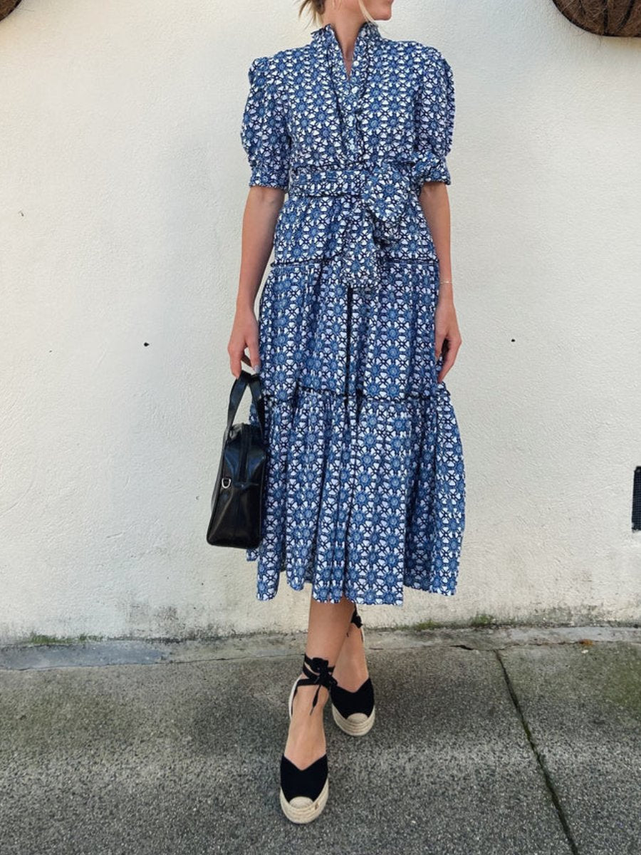 Ruffled Mandarin Collar Midi Dress