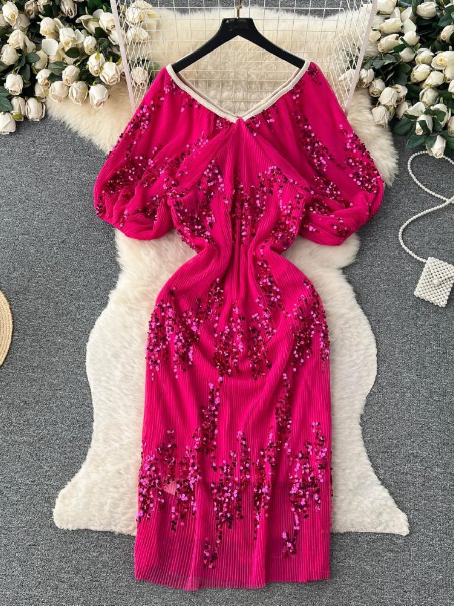 Bubble-Sleeve Sequin Dress