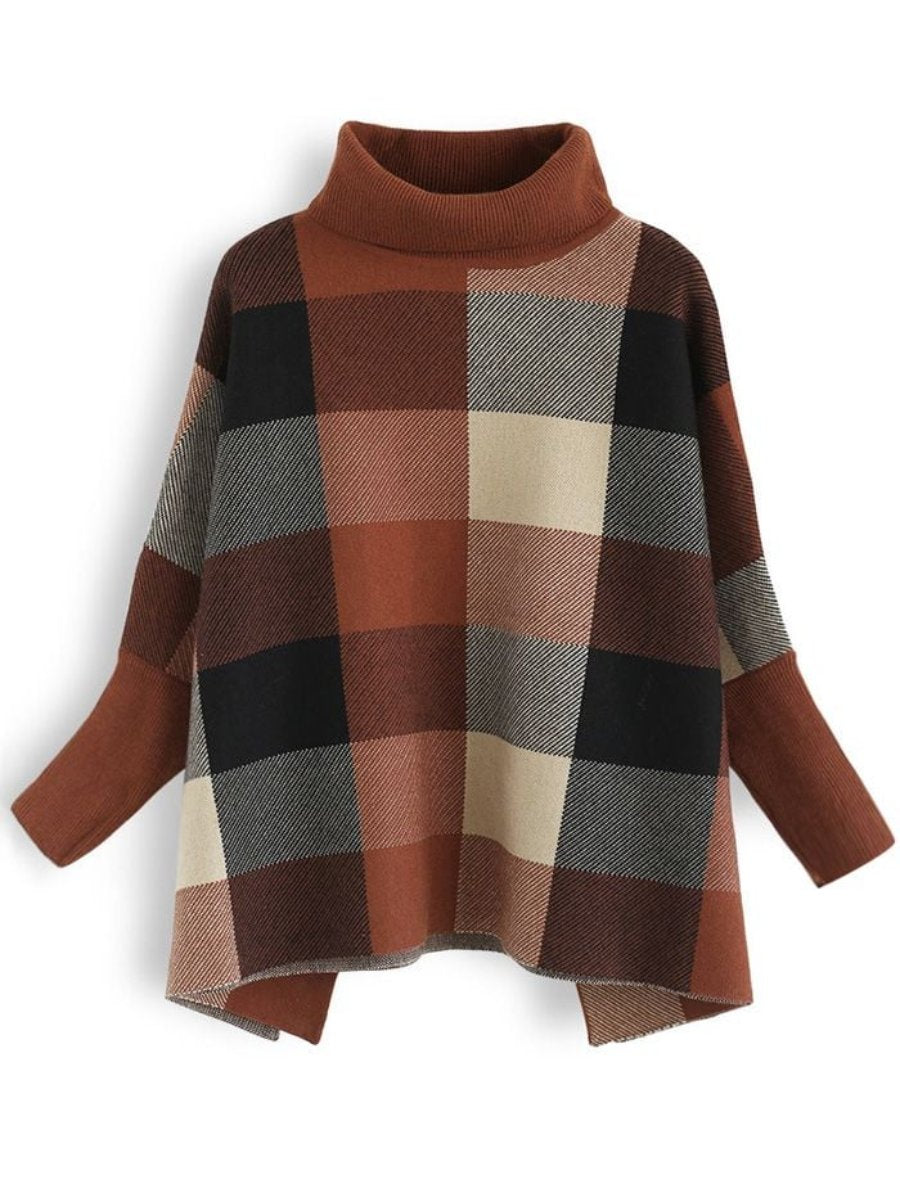 Lie In Check Fields Turtleneck Cape Caramel Sweater