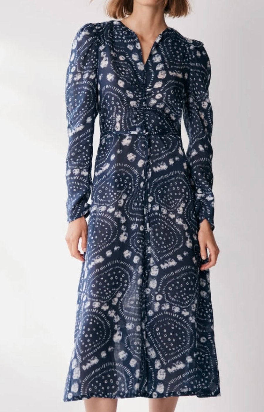 Navy V-neckline Printed Midi Dress