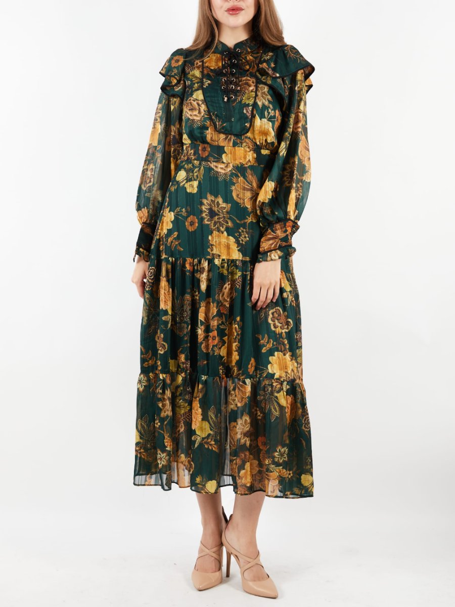 Green/Brown Floral Maxi Casual Dress